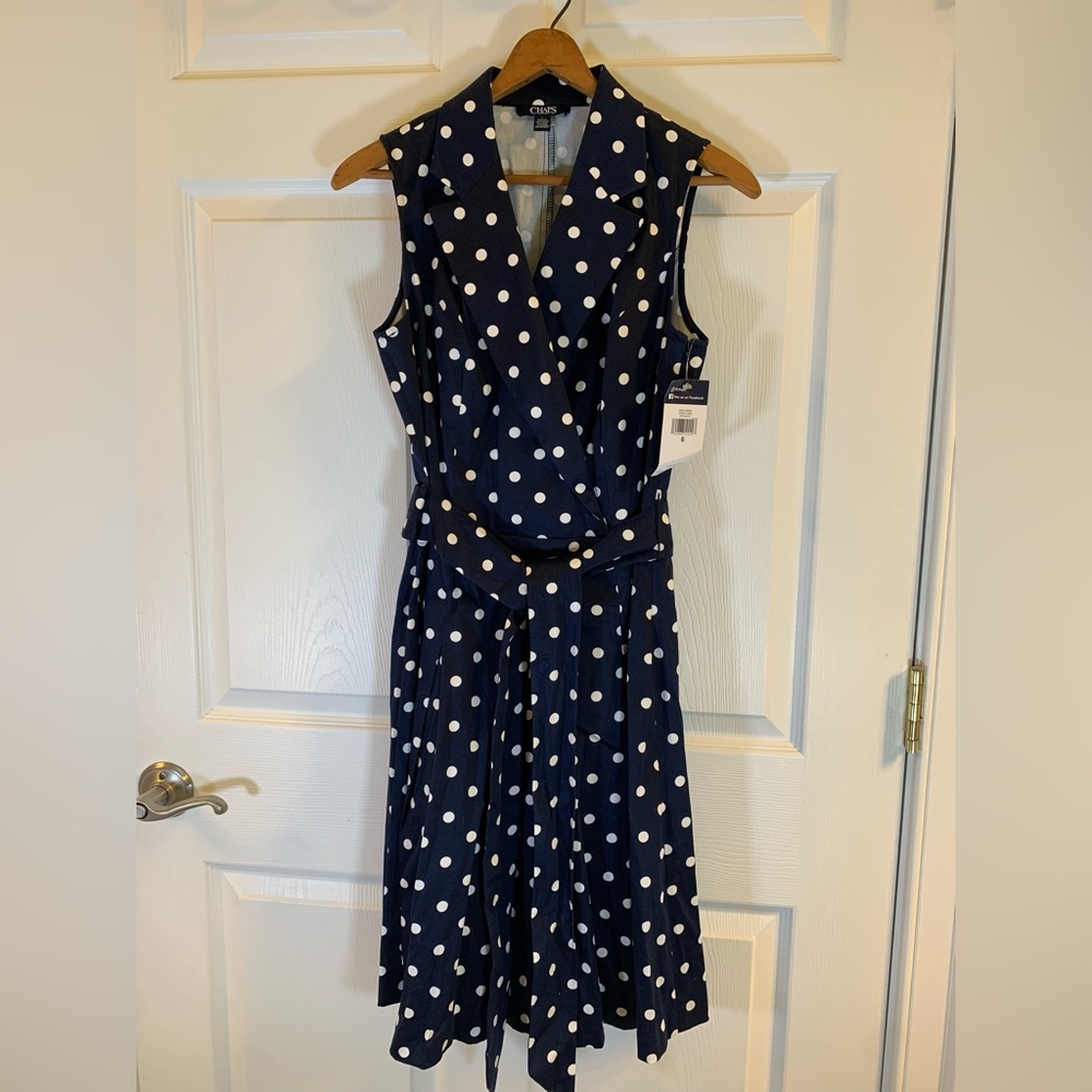 Chaps Navy & White Pil ka Dot Dress NWT Sz 6